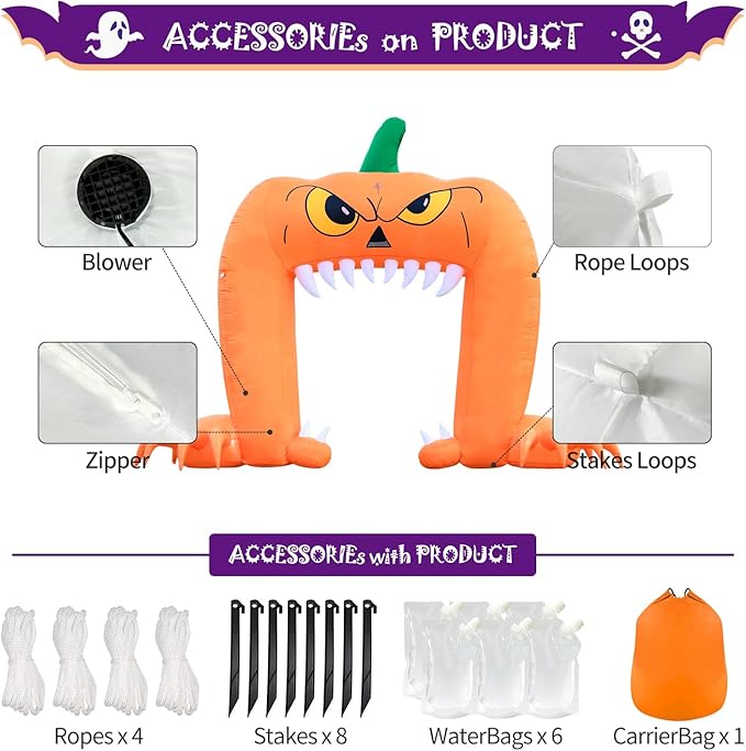 DomKom Halloween Inflatable Blow Up Decorations, 12FT Long 9FT Tall Spooky Pumpkin Archway, Built-in LEDs for Holiday Party, Garden, Lawn, Yard, Patio Décor