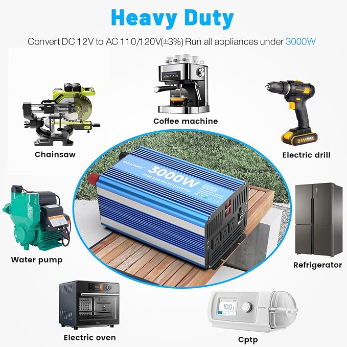 3000 Watt Pure Sine Wave Power Inverter 12V DC to 110V 120V Converter for Home, RV and Off-Grid Solar Systems with 3 AC Outlets, Dual USB Ports, LCD Display and Remote Control