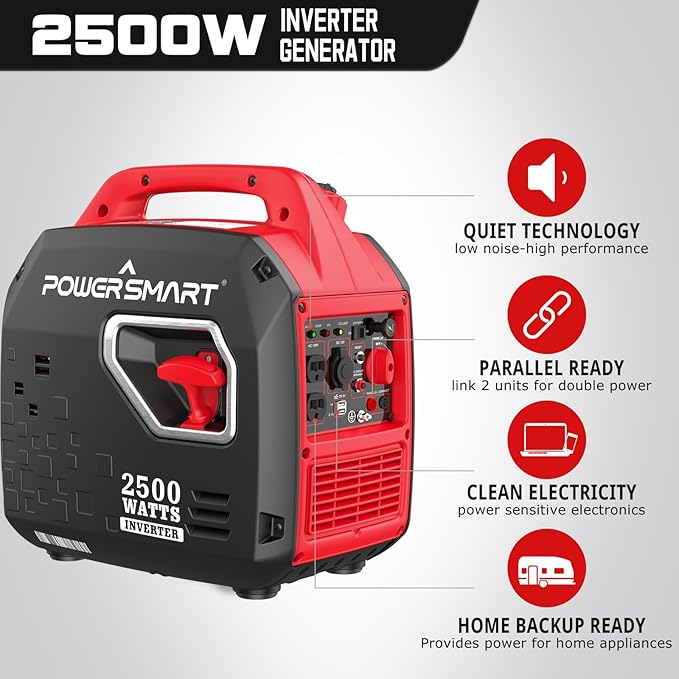 PowerSmart 2500-Watt Portable Gas Inverter Generator, Super Quiet, High Fuel-Efficient Generator, Lightweight, CARB Compliant PS5025