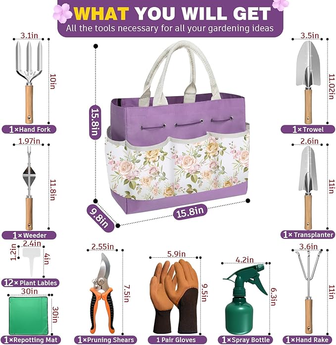 22Pcs Gardening Tools Set for Women Heavy Duty Garden Hand Tools Yard Work Tools Gardener Gifts Gardening Accessories with Tools Bag/Shovel/Mat/Plant Labels/Gloves