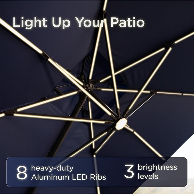10x10 FT Cantilever Patio Umbrella with Led Lights Double Top Outdoor Square Heavy Duty Offset Umbrellas 360°Rotation Free-motion Track Tilt Windproof for Pool Deck Garden, Navy