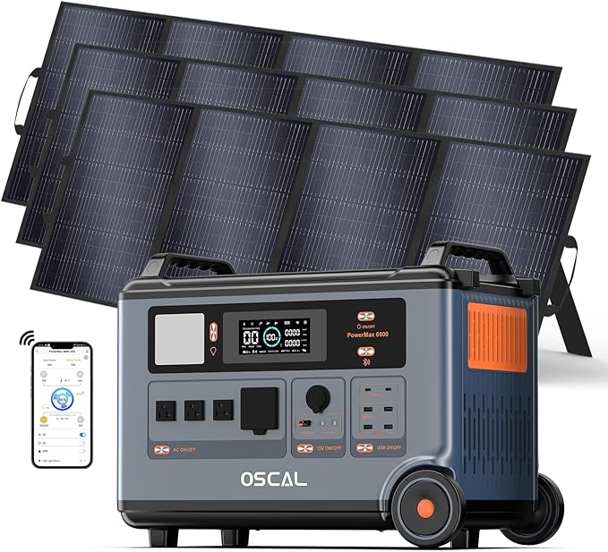 OSCAL PowerMax 6000 Solar Generator with 3x400W Solar Panels, 120/240V Split Phase Voltage 6000W AC Outlets (7200W Peak), 3600Wh Power Station Expandable to 57.6kWh, Emergency for Home