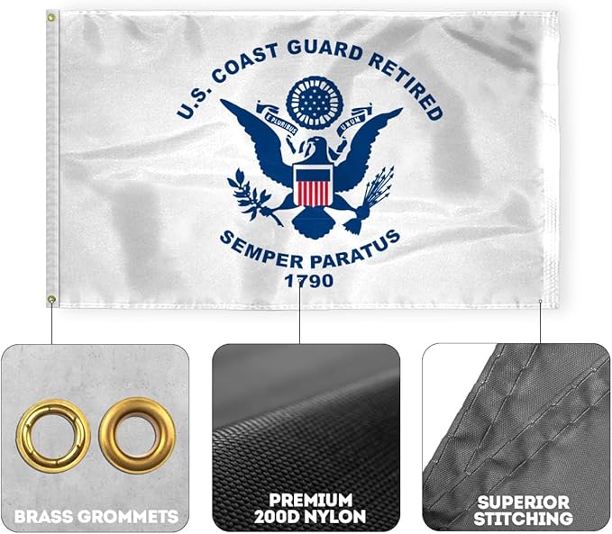 AGAS Coast Guard Retired Flag 3x5 Ft - Printed 200 Denier Nylon - Double Stitched Edges Canvas Header Brass Grommets - Indoor/Outdoor Coast Guard Retired Flag 3' x 5'