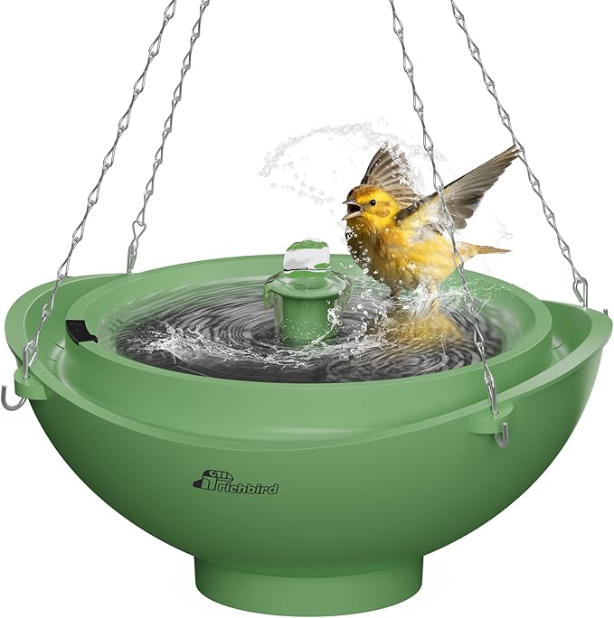 Solar Bird Bath Fountain with Battery, 3-in-1 Hanging & Freestanding Birdbath with Low-Water Protection & 3 Nozzles for Garden, Patio Decor (Forest Green)