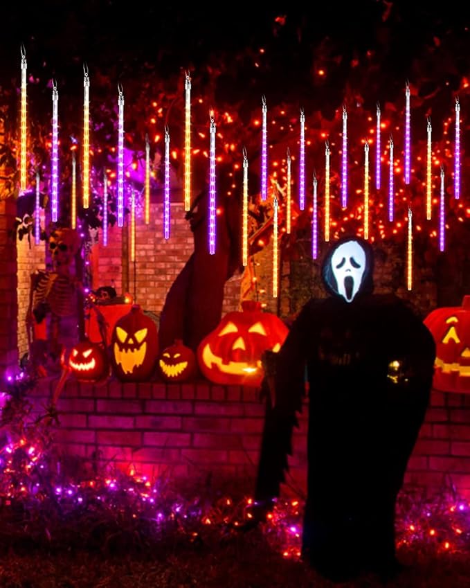 Halloween Lights Outdoor 10 Tubes 240 LED Raindrop Meteor Shower Icicle Light with Timer Function Cascading Falling Rain Lights for Halloween Orange Purple