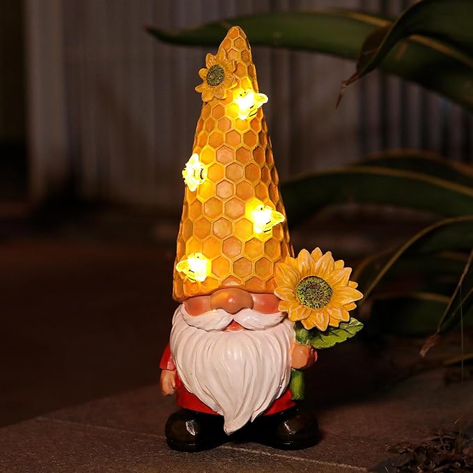 12.3''Garden Gnomes Outdoor Statues Clearance for Garden Decor with Solar Bee Lights,Christmas Gnomes Outdoor Decor - Sunflower Gifts for Women Mom,Yard Art Sculptures for Patio Lawn Yard