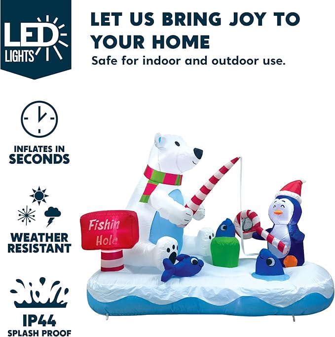 Joiedomi 6 FT Long Christmas Inflatable Penguin & Polar Bear Decoration, Blow Up Yard Decoration Fishing Hole Sign with Build-in LEDs for Christmas Party Indoor Outdoor Yard Garden Lawn Decorations