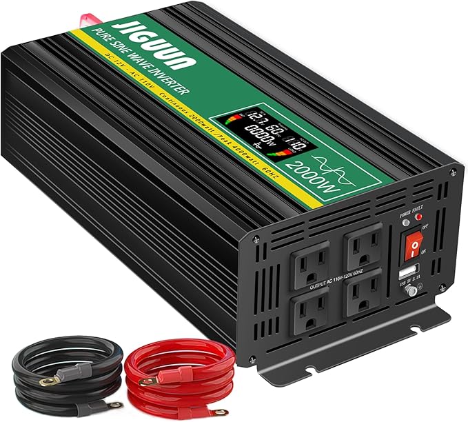JIGUUN Power Inverter 2000 Watt, DC 12V to AC 120V Pure Sine Wave Inverter with LCD Display, 4 AC Outlets&USB Output, Power Converter with Remote Control for RV Emergency Camping. (PRO2000W-12)