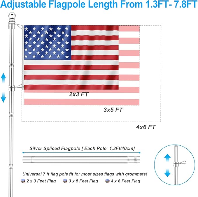 7 FT 1 Inch Spinning Flag Pole Kit for Outside House Porch Residential Wall Mounting, Stainless Metal Flag Poles for 3x5 4x6 Flag with 2-Position Holder Bracket, Rotating Flagpole Rings (7 FT, Silver)