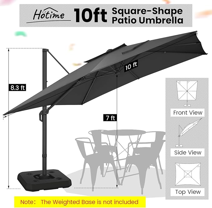 Hotime 10ft Cantilever Patio Umbrella Outdoor Heavy Duty Double Top Windproof Aluminum Offset Umbrella with 360°Rotation for Pool Garden Deck, Gray