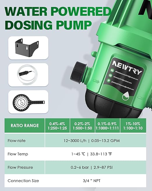 NEWTRY Fertilizer Injector for Drip Irrigation, 0.4%-4% Adjustable Dosing Pump, 3/4'' NPT Water Powered Liquid Doser for Garden, Greenhouse, Irrigation & Hydroponic System, Farm, Grow Tent Green
