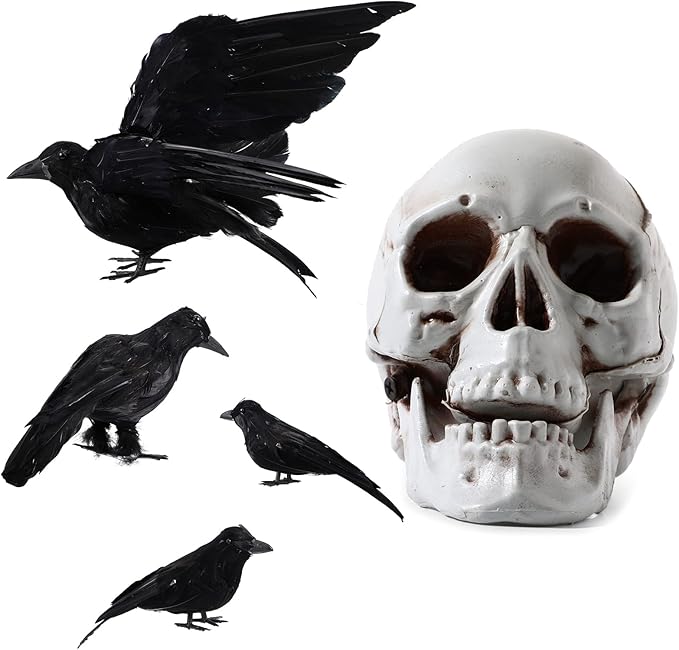 Yerliker 5 Pcs Halloween Black Feathered Crow and Skull Statue Set Handmade Realistic Crow Decor Spooky Plastic Fake Porch Decor for Halloween Decorations