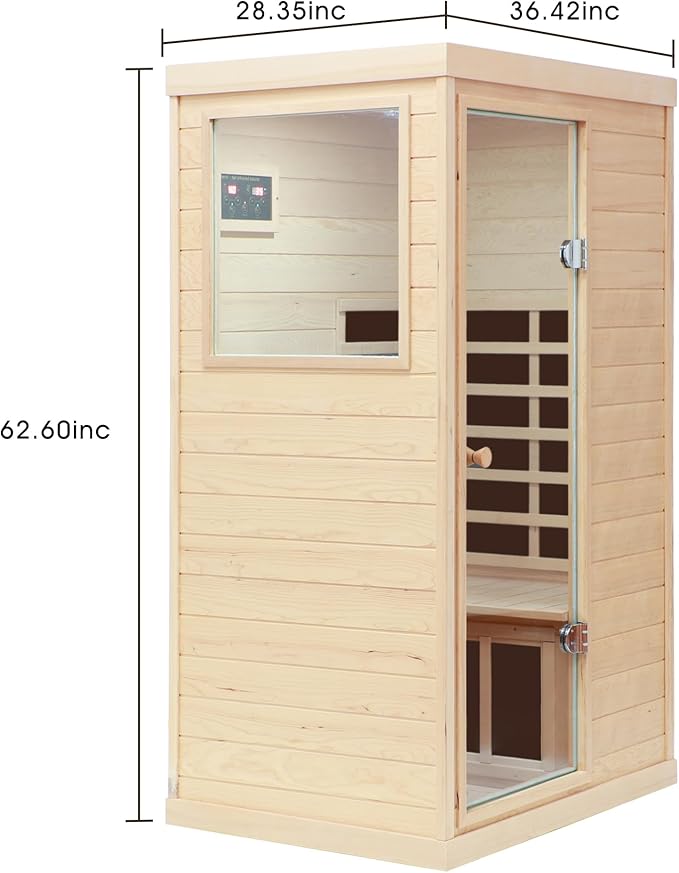 1 Person Far Infrared Indoor Sauna Hemlock Mini Single Person Sauna for Home with LCD Display & Bluetooth on The Left of The Indoor, Natural