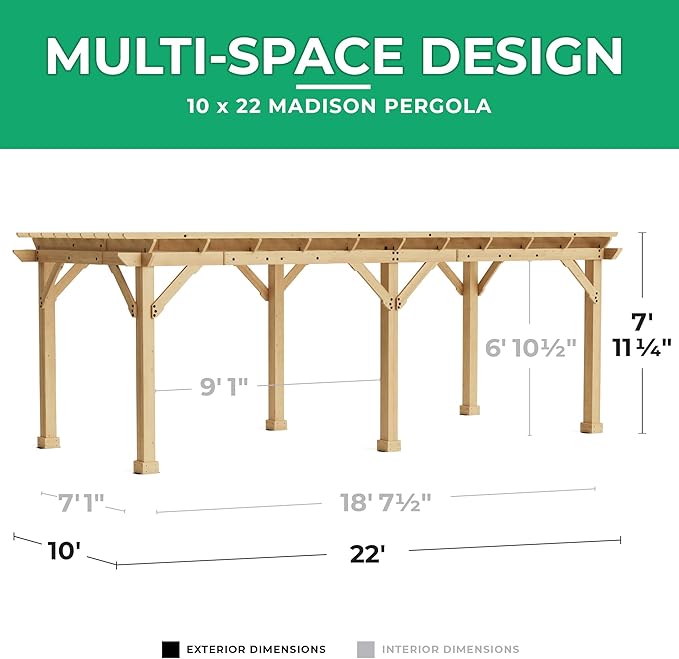 Yardistry 10 x 22 Meridian Cedar Wood Pergola for Patios, Decks, Garden, Backyard, Durable