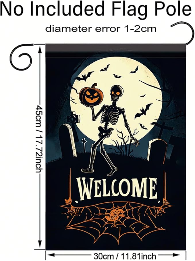 Halloween Garden Flag Skeleton Pumpkin Outdoor Yard Decoration Welcome Banner 12x18 Inch Double Sided Holiday Lawn House Vertical Seasonal Sign Skeleton with Pumpkin Small Yard Flag