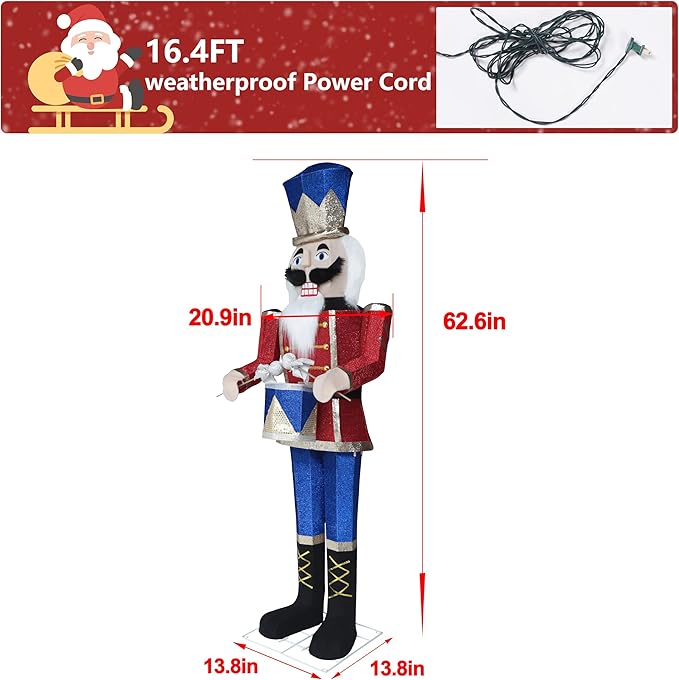 VEIKOU 5FT Lighted Nutcracker Outdoor Christmas Decorations, Nutcracker Christmas Decoration Outside with Ground Stakes, Nutcracker Soldier Xmas Decor with Drum for Holiday Gateway Porch