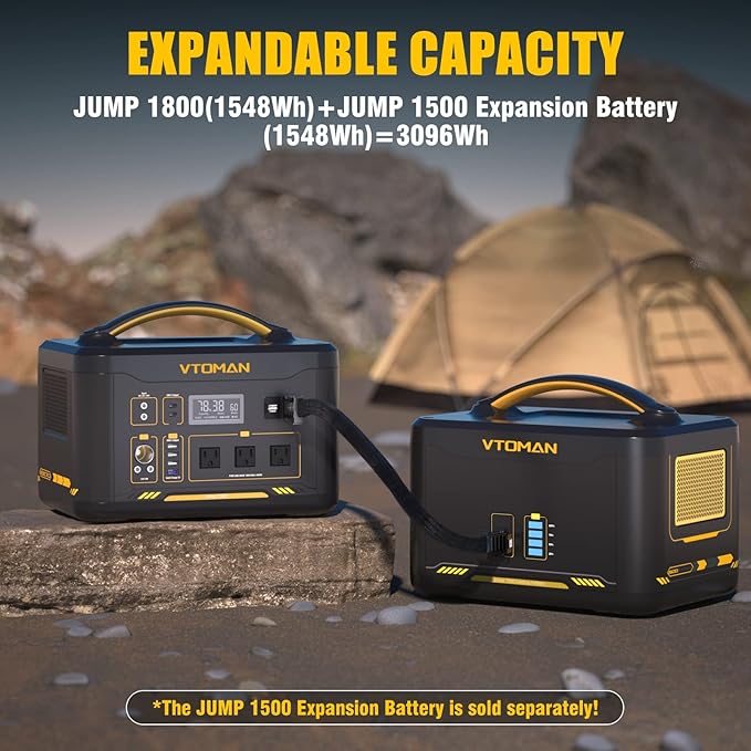 VTOMAN Jump 1800 Portable Power Station with Jumper Cables, 1548Wh LiFePO4 Battery Solar Generator with Jump Start for Car, 1800W 3xAC Outlets, 2xPD 100W Type-C, Large Capacity for Camping RV Backup