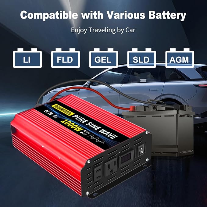 SUNWHEEL 1000W Pure Sine Wave Inverter, 12V DC to 110V/120V AC Power Inverter for RV、Off Grid、Truck、Refrigerator with 2 AC outlets and LCD Display