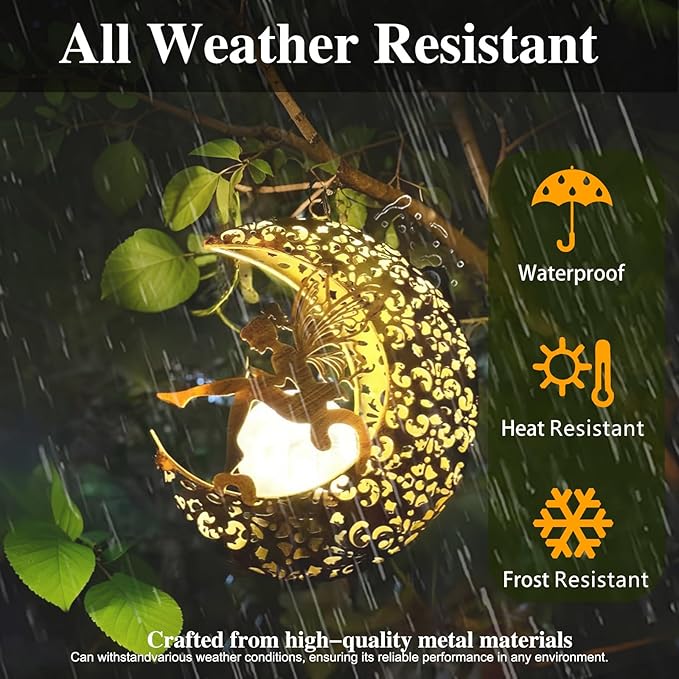 Solar Garden Fairy Statues Decor Hanging Lights,Outdoor Moon Decorations Metal Yard Art,Housewarming for Patio,Wall,Fences,Trail,Great Gift Idea for Gardening Mom and Grandma