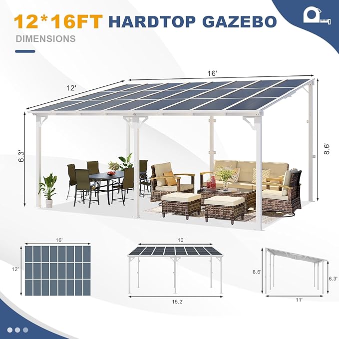 MEISSALIVVE 12' x 16' Wall Mounted Lean to Metal Awning with Sloped Roof, Outdoor Patio Gazebo Awning for Backyard, Deck, White