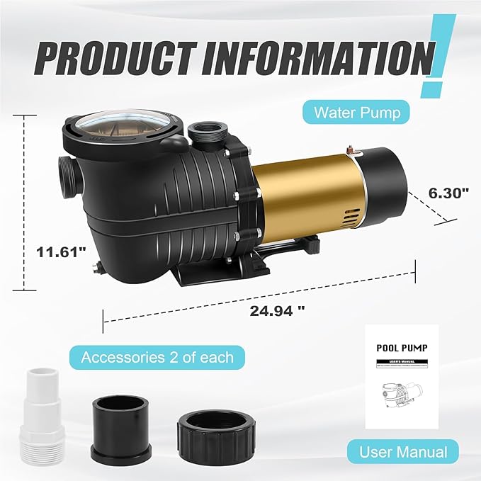 Pool Pump, PureBy 2.0HP 230v Energy Saving Two Speed In/Above Ground Pool Pump, 6840GPH Self-priming Swimming Pool Water Circulation Pumps with 1.25" & 1.5“ NPT Unions (2.0HP Two Speed 230V)