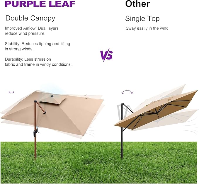 PURPLE LEAF 11' X 11' Patio Umbrella Cantilever Outdoor Umbrellas Square Large Parasol Windproof Sunshade Heavy Duty Sun Umbrellas for Deck Pool Patio Garden, Beige