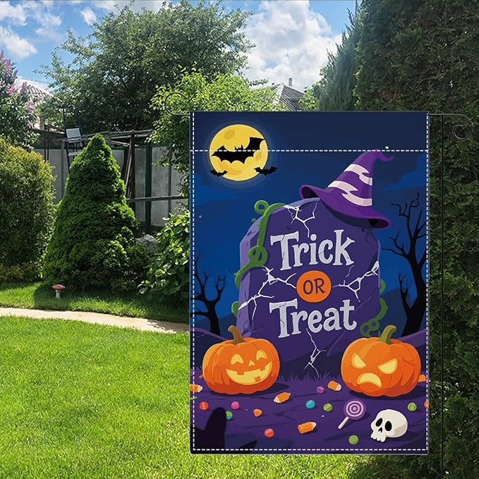 Halloween Garden Flag Trick or Treat Bat Pumpkins Fall Halloween Themed Holiday Party Outside Outdoor Lawn Decorations Yard Flag Double Sided 12x18 Inch