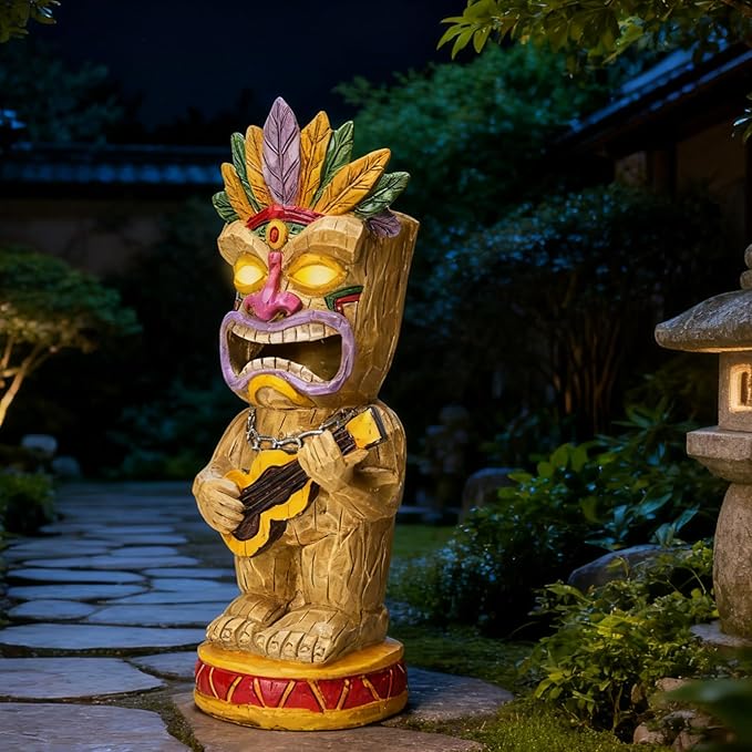 Solar Tiki Garden Statue with LED Eyes Outdoor Resin Ukulele Player Yard Decor Solar Light Hawaiian Style Lawn Ornament for Patio Porch Lawn Tiki Bar or Tiki Lover Funny Gifts