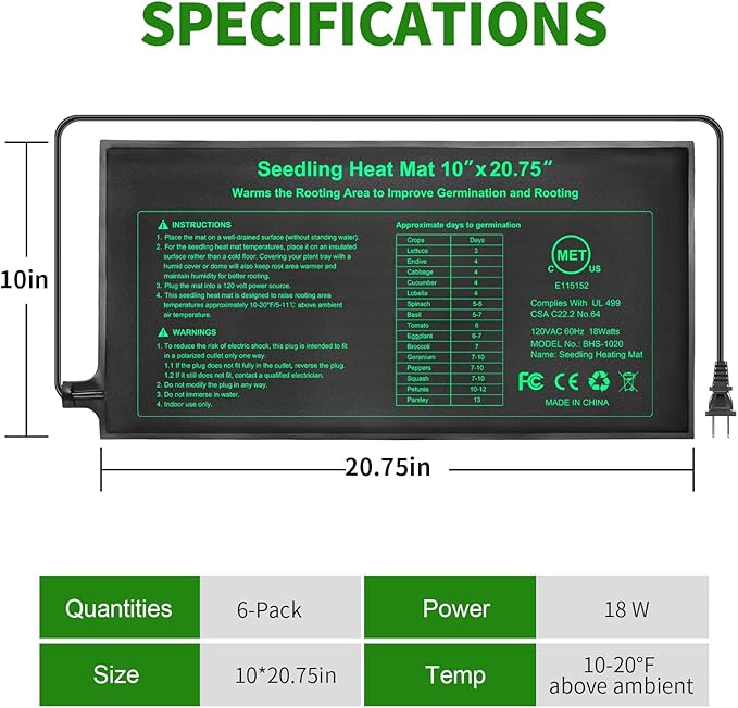 Besitio Seedling Heat Mat 6 Pack,10" x 20.75" Greenhouse Heater, MET Certified Germination Heat Mat, for Greenhouse Seedling, Seeding, Home Gardening Seeding Starter