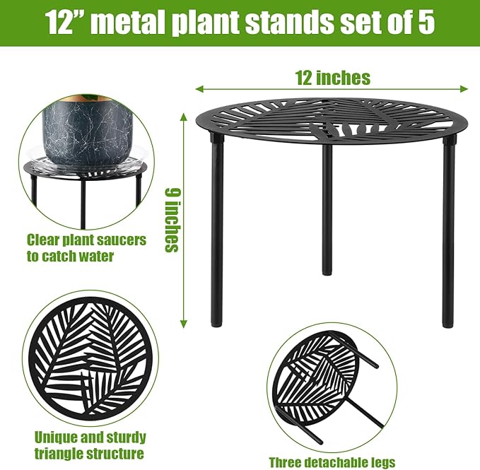 5-Pack 12” Heavy-duty Metal Plant Stands Large Flower Pot Holder for Indoor Outdoor Rust-proof Iron Potted Planter Stand Modern Round Corner Stand Shelf for Living Room Patio Garden Yard