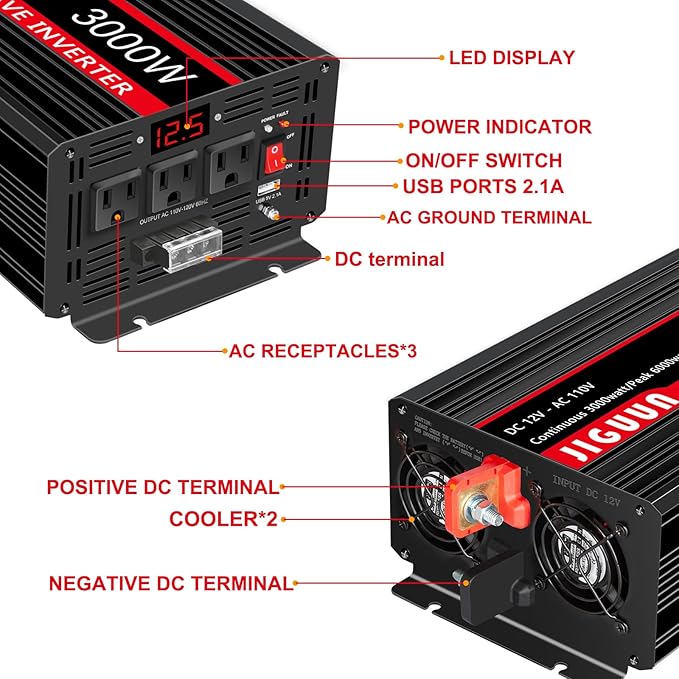 JIGUUN 3000 Watt Pure Sine Wave Inverter, Power Converter 12V DC to 110v/120v AC, Car Inverter with 4 AC Outlets& USB Port Remote Control for RV Camping Truck.