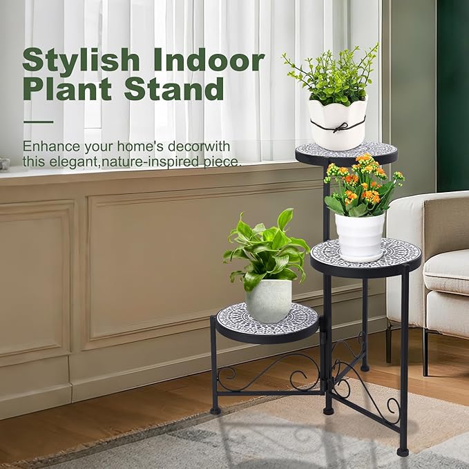 3 Tier Mosaic Plant Stand Foldable Corner Shelf for Indoor Outdoor Tall Plant Holder Display Rack for Patio Balcony Living Room Garden Decor