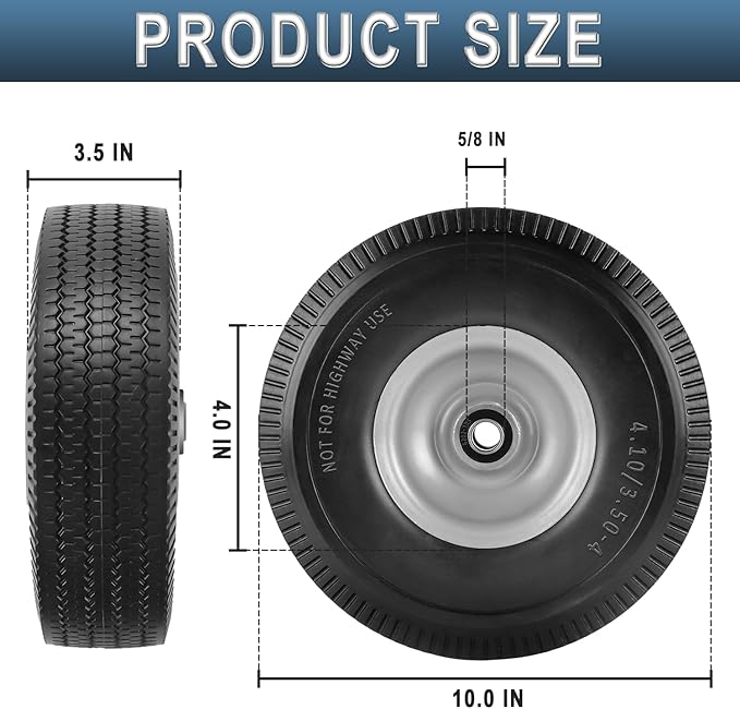 Cenipar 10" 4.10/3.50-4" Flat Free Tire and Wheel 10" Polyurethane Solid Tire with 5/8" Bearings 2.2" Offset Hub -10” Solid Tires for Wagon Wheelbarrow Garden Cart Hand Truck Generator