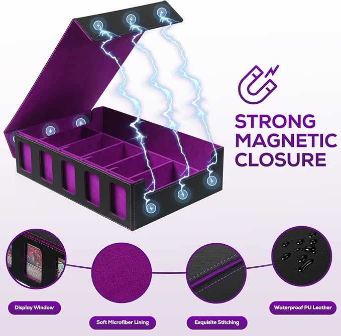 Trading Card Storage Box for MTG, card storage box with Commander Display，Multi-purpose Deck Case for MTG TCG Sports Card, 4 Toploaders, 4 Stoppers, 4 Colorful Dividers (Black& Purple, 5-Row)