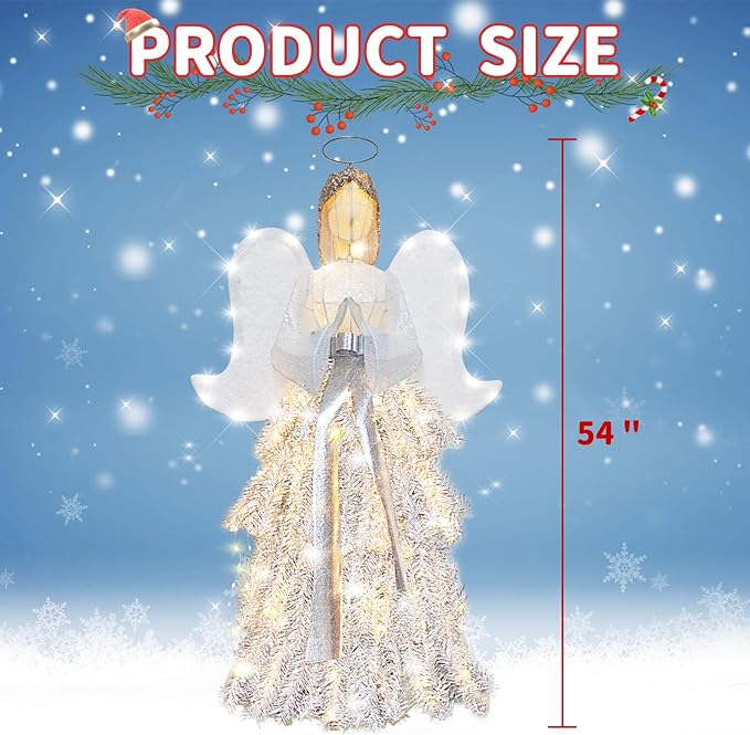 54" Angel with Wings Christmas Decoration for Indoor Outdoor,Lighted up White Angel Halo Christmas Decor Holiday Display with Lights
