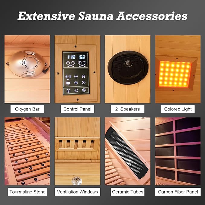 Infrared 2 Person Sauna with Recliner, Red Cedar Luxury Indoor Home Spa with 9 Heating Panels, 3400W, Oxygen Bar, Control Panel, Bluetooth Speaker, Full Spectrum Wood Dry Heat Sauna, 220V