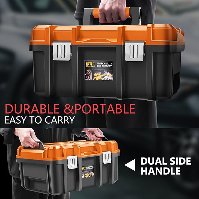 ‎DNA MOTORING 2pcs Tool Boxes Set - Lockable Organizer Storage Portable Toolbox with Removable Tray for Workshop Garage & Household, Large Capacity, TOOLS-00310-OG