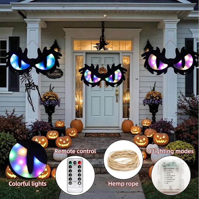Halloween Decorations Spooky Eyes Lights - 21 Inch Large Wooden Window Eye Lights with 8 Color Modes for Halloween Decor Indoor Home,Wall,Window,Trees (Style - C)