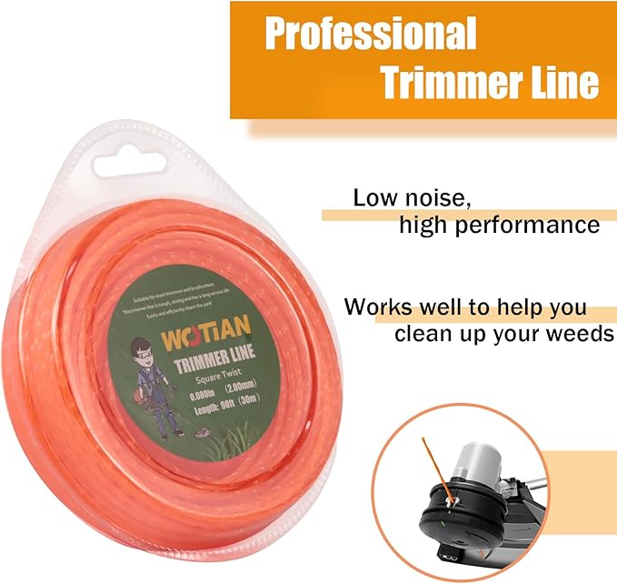 WOTIAN 080 Square Twisted Trimmer line 0.080-Inches Weed Eater String 98-Foot Square Twist Weed Wacker String of Nylon Compatible with Stihl Echo Universal Grass Cordless Electric Trimmer,Orange