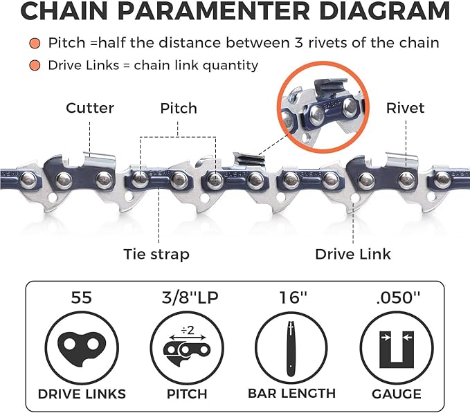 16 Inch Chainsaw Chain 3/8" LP Pitch .050" Gauge 55 Drive Links- 63PM3 55, Fits STIHL 021, MS210, MS211, McCulloch and More- S55 (3 Packs) (91YNP-6)
