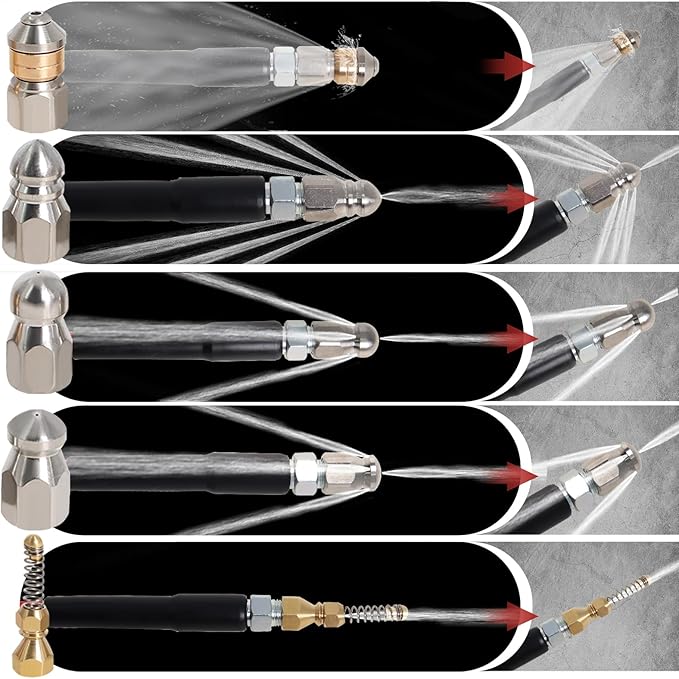 Sewer Jetter Kit for Pressure Washer 50FT, 5800PSI Drain Cleaner Hose 1/4 Inch NPT Corner with 5 Sewer Jetting Nozzles，Waterproof Tape，Pearl Corsage Pin & 2 Spanners (Red)