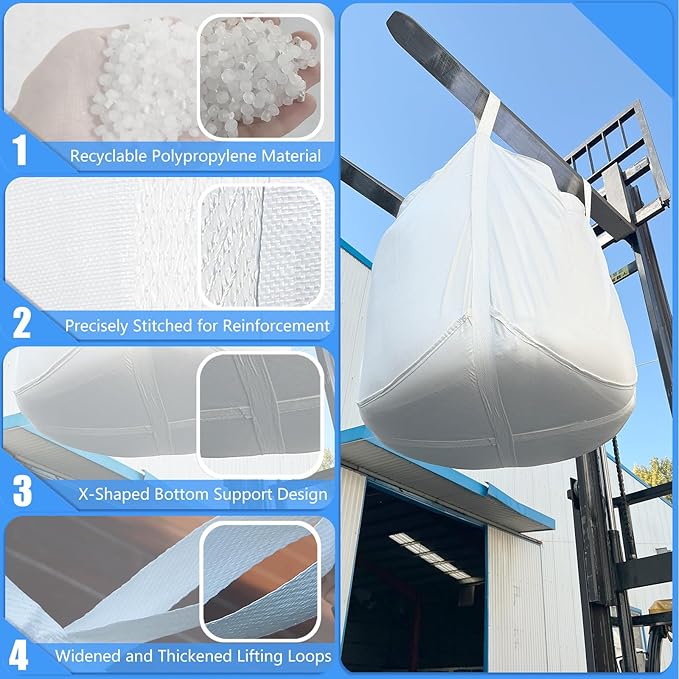 FIBC Bulk Bag - 4400 lbs Capacity, 35x35x43 inches, Polypropylene (PP), Open Top, White, Rectangular, Reusable, 10-Pack