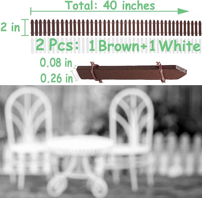 Miniature Wood Picket Fence - 2 Pcs DIY Brown and White Fence with Gate, 40 Inch Long for Fairy or Dollhouse Garden