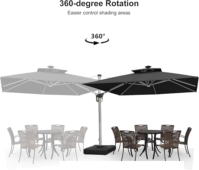 PURPLE LEAF 10 Feet Solar Powered LED Square Cantilever Umbrella With Base Patio Umbrellas Windproof Hanging Umbrella Outdoor Offset Umbrellas, Black