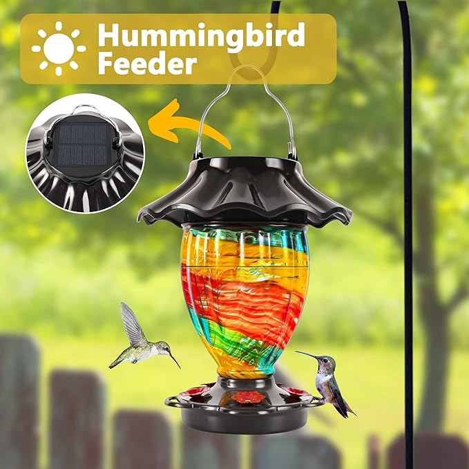 LUJII Solar Hummingbird Feeder for Outside, Color Changing, Hand Blown Glass, 32 fl.oz Never Leak, Waterproof & Rustproof, Lighted Lantern for Patio Decor, Unique Gift for Bird Lover (Ribbon)