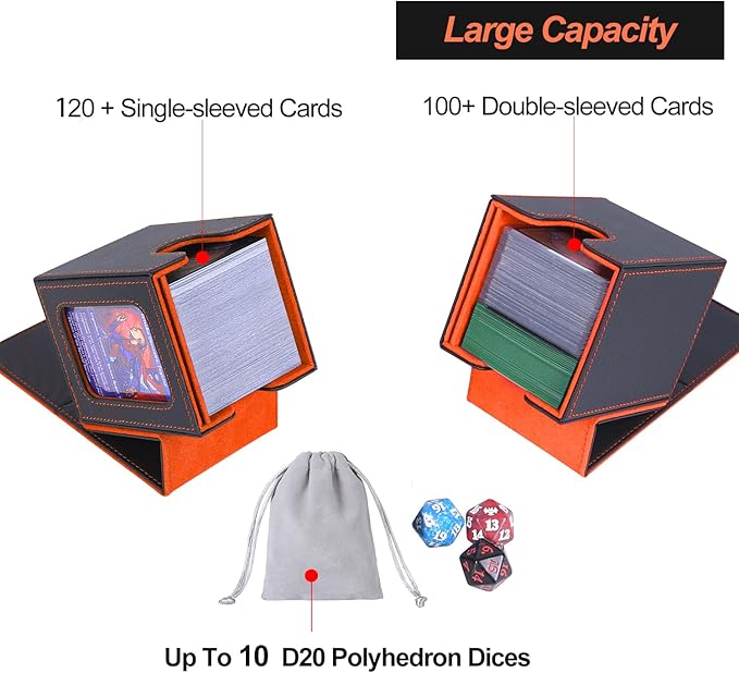 AFIING MTG Deck Box for Commander Display,Card Deck Case Fits 100 Double Sleeved Cards, Magic Commander TCG Card Storage Box with 2 Dividers,Dice Bag and 1 Toploader(Black/Orange)