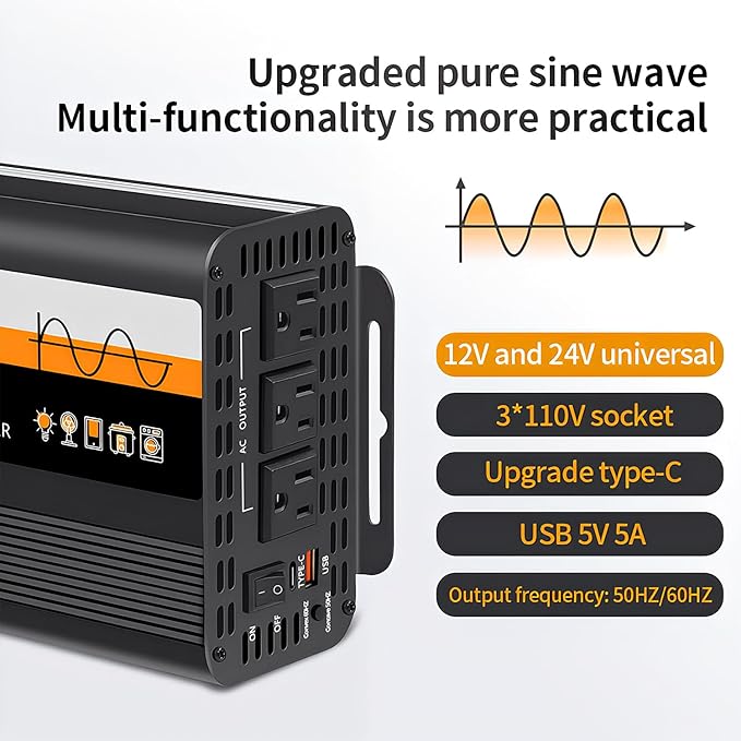 1500W Pure Sine Wave Inverter (3000W Peak), 12V/24V Auto-Detect, 50Hz/60Hz Switchable, LCD Display, Type-C Fast Charging, Silent Design, Overload & Overheat Protection for RV, Home (Black-1500W)