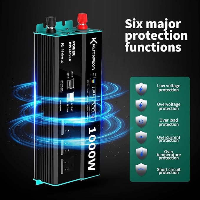 Power Inverters 1000W 12V DC to 110V AC Converter for Vehicles USB-C/PD 25 Watts Fast Charging Ports Car Charger Adapter with a Cigarette Lighter Ports Plug Outlet
