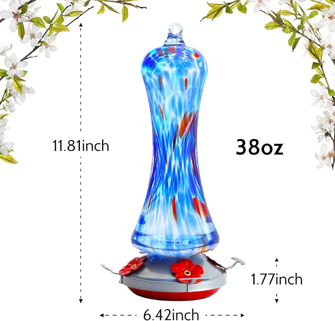 Hummingbird Feeder for Outdoors Hanging, Hand Blown Glass Hummingbird Present with Perch, Leak Proof, Never Fade, 4 Feeding Ports, 38 fl.oz, Include Hook, Ant Moat, Rope, Brush, Present for Garden