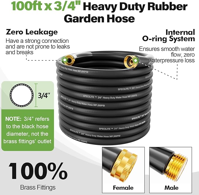 SPECILITE 3/4" Garden Hose 100 ft with High Flow Nozzle, Heavy Duty Flexible Hybrid Rubber Water Hose for Outdoor, Lightweight, Leak-Proof, No-Kink, 3/4"Brass Fittings,Black